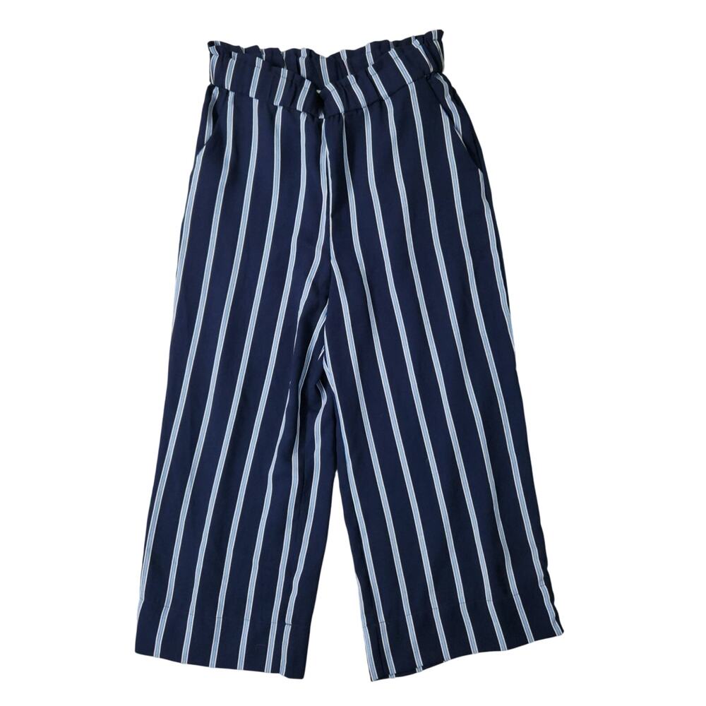 H&M Navy Blue Light Blue Striped Paperbag Waist Pants US 6 Cropped